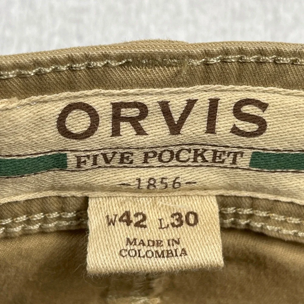 Orvis‎ Five Pocket Pants Mens 42x30 Tan Khaki Cotton Stretch Straight Leg
